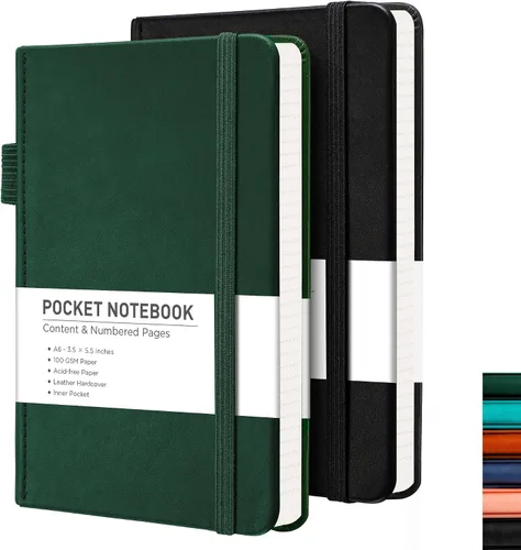 RETTACY Cuaderno de bolsillo, paquete de 2, 160 páginas rayadas numeradas por paquete, tamaño pequeño A6 (3.5 x 5.5 pulgadas), para trabajo, diario,