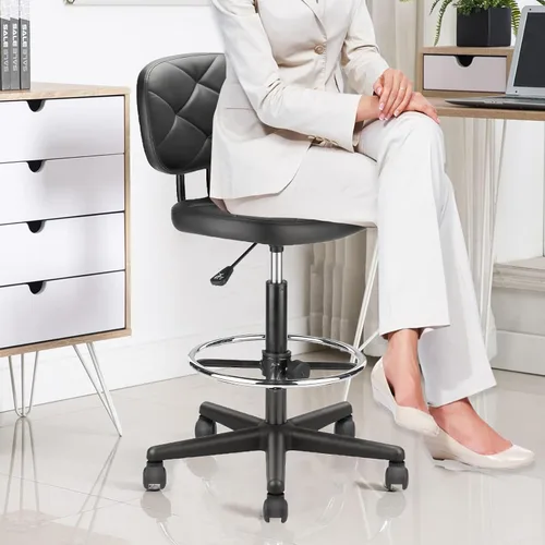 Miniatura 7 de KLASIKA Taburetes rodantes de piel sintética con reposapiés y soporte para la espalda, silla de dibujo tapizada con diamante ajustable con ruedas