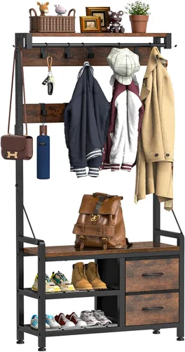 Miniatura 11 de Lulive Hall Tree, banco de entrada de 31.5 pulgadas con perchero independiente, banco de zapatos de diseño inteligente 5 en 1 y estante de pared, 17