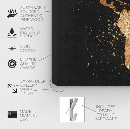 Miniatura 6 de The Oliver Gal Artist Co. Mapas y banderas - Lienzo decorativo para pared, diseño de Mapamundi on the Rocks Night, 24 x 16 pulgadas, negro, dorado