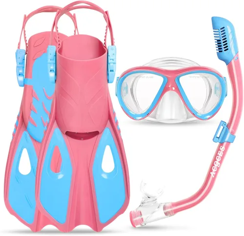 Miniatura 7 de Snorkeling Gear for Kids Ages 5-15, 4 in 1 Mask Fins Snorkel Set with HD Tempered Glass Panoramic View Anti-Fog Mask, Dry Top Snorkel, Adjustable