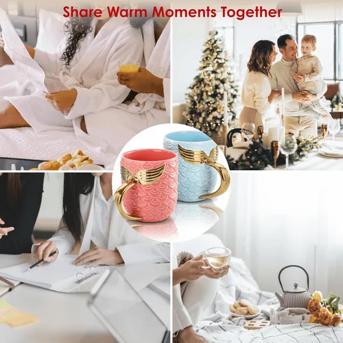 Miniatura 7 de Youeon Juego de 2 tazas de café de cerámica de 12 onzas con textura escalada, juego de tazas rosas y azules con mango metálico en la cola, regalo