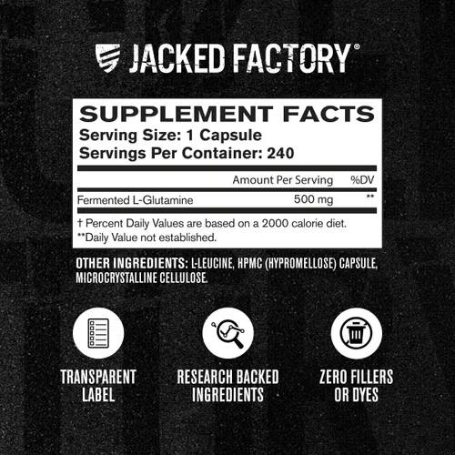 Miniatura 5 de Jacked Factory Cápsulas de L-Glutamina de 500 mg – Suplemento vegano de L-glutamina fermentada para recuperación muscular después del entrenamiento