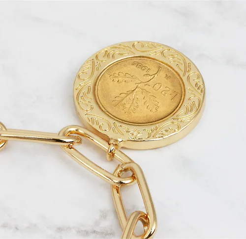 Miniatura 3 de Pulsera italiana de eslabones alargados con moneda de 20 liras, estilo clip dorado, extensor de 7 pulgadas y 3 pulgadas con cierre de langosta