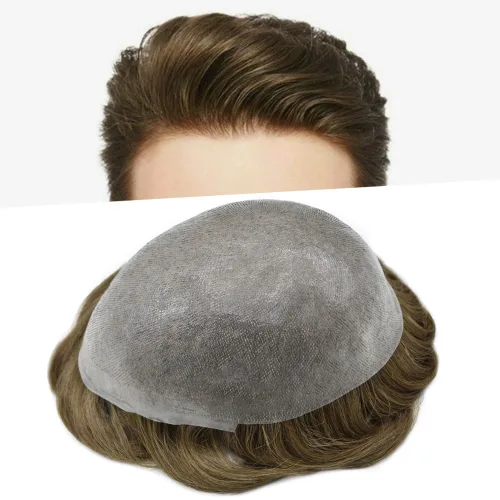 Miniatura 27 de Tupé de piel ultra fina para hombres pieza de cabello humano real sistema de reemplazo 0.002 in Mens Toupee Hairpiece para hombres V-Loop 8x10 80%