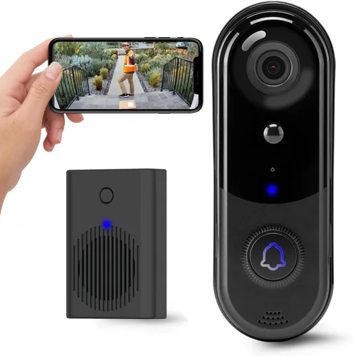 Timbre de video inalámbrico HD con timbre, detección humana inteligente, alerta en tiempo real, visión nocturna FHD, audio bidireccional, IP65 1080p