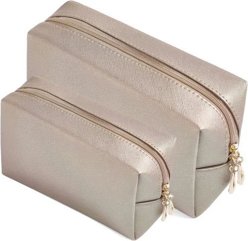 Miniatura 10 de Juego de 2 bolsas de cosméticos de piel sintética para mujer, bolsa de maquillaje minimalista para uso diario, bolsa de almacenamiento portátil