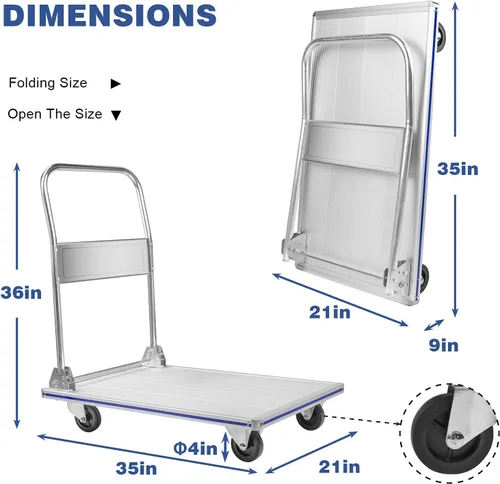 Miniatura 2 de LEADALLWAY, carretilla de plataforma, 35" Lx21" W, tamaño grande, plegable, carrito de empuje, aluminio, resistente, capacidad de 800 libras