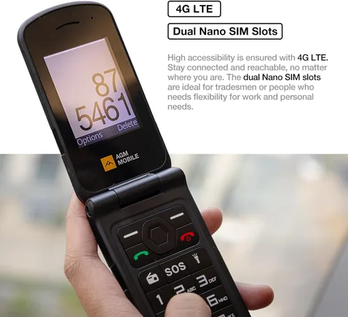 Miniatura 4 de AGM M10 Basic Flip Phone, 4G LTE - Compatible con T-Mobile, Dual SIM, IP68 impermeable/a prueba de caídas, botones y fuente grandes, altavoz de 98