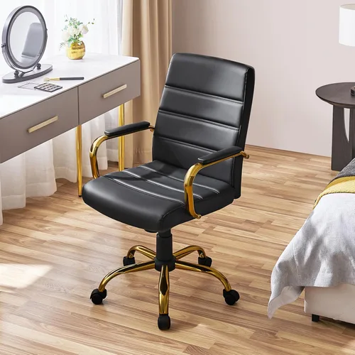 Miniatura 2 de Topeakmart Silla de escritorio de oficina Silla ejecutiva de cuero sintético ajustable con marco dorado asiento negro Negro y dorado