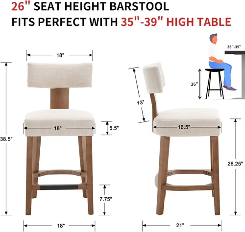 Miniatura 2 de RIVOVA Taburete de bar de 26 pulgadas de altura de mostrador, taburetes de bar de cocina modernos con respaldo y patas de madera maciza, taburetes