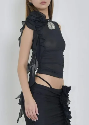 Miniatura 5 de KMBANGI Camiseta sin mangas sexy floral para mujer, con volantes Y2K, cuello halter, sin mangas, hombros descubiertos, sin espalda, tubo de flores