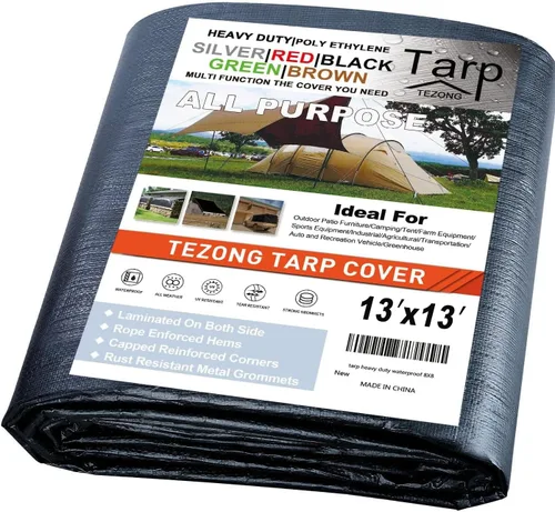 Miniatura 72 de Lonas resistentes impermeables de 4 x 5 pies, paquete de 2 lonas TEZONG negras de 0.472 in. de lona de plástico para exteriores para lluvia