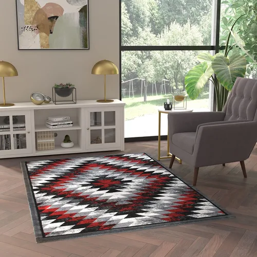 EMMA + OLIVER Alfombra decorativa Olefina, diseño de diamante del suroeste envejecido en rojo, beige, marrón y negro, 5 x 7 pulgadas, pelo de felpa,
