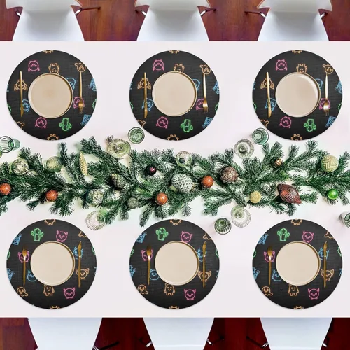 Miniatura 7 de Neon Cute Faces Black Round Table Placemats, Non Slip Washable Placemats Non Slip for Kitchen Table one sizex6