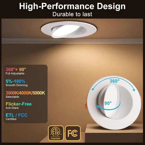 Miniatura 2 de Lightdot - Paquete de 6 luces LED empotrables con rótula de 6 pulgadas, ajustable 360°+90°, temperatura de color de 3CCT seleccionable y regulable