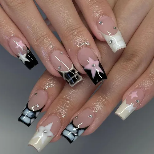 Miniatura 12 de 24 uñas postizas a presión de punta francesa negra, uñas postizas largas cuadradas, color rosa, cobertura completa, con diamantes de imitación, L1.