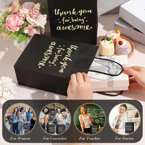 Miniatura 2 de Jetec 50 bolsas de regalo de agradecimiento de color negro dorado con asas a granel, 5.9 x 3.1 x 8.3 pulgadas, gracias por ser impresionantes