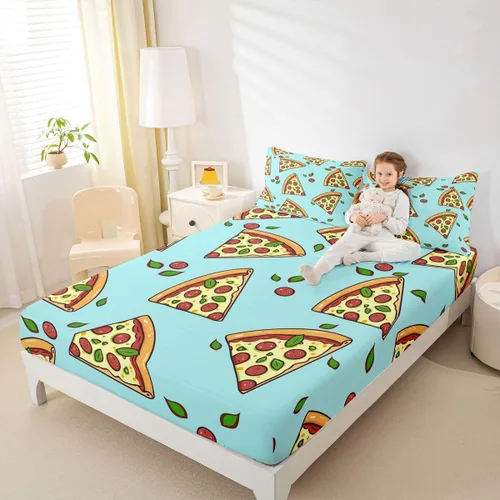 Miniatura 6 de Juego de sábanas de pizza de dibujos animados para niños, adolescentes, sábana bajera moderna y bohemia para niños y adultos, suave, verde