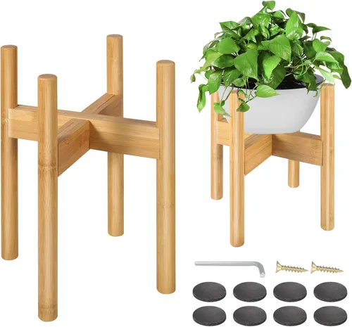 Miniatura 9 de Paquete de 2 soportes de bambú para plantas, soporte ajustable para plantas de interior, soporte moderno de mediados de siglo, soporte para plantas