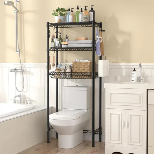 Miniatura 2 de Hodonas Estante de almacenamiento sobre el inodoro, organizador de baño ajustable con soporte para papel higiénico y 8 ganchos, 3 niveles de metal