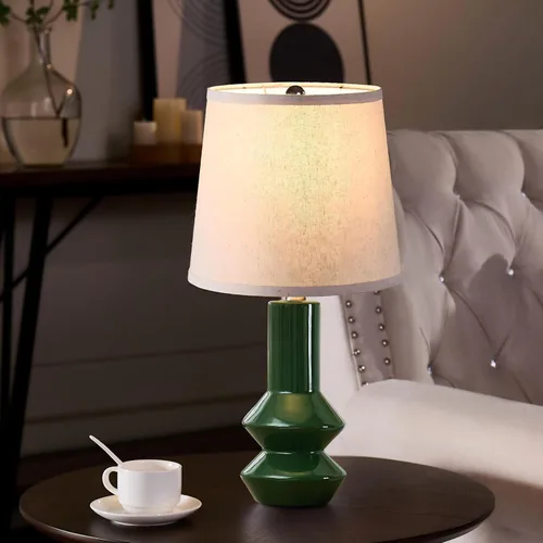 Miniatura 5 de Juego de 2 lámparas de mesa de cerámica verde oscuro de 20 pulgadas, regulables de 3 vías, modernas lámparas de mesita de noche con pantalla de lino