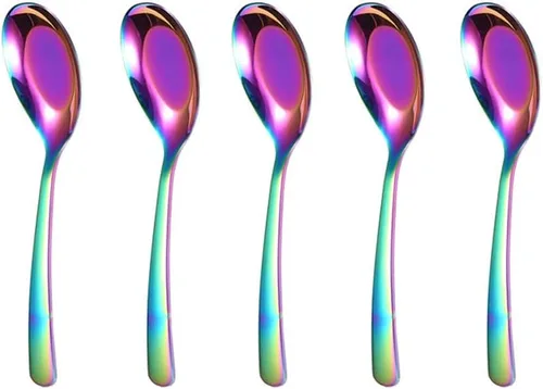 Miniatura 8 de 5 cucharas de sopa y postre de acero inoxidable con acabado espejo para sopa, arroz, té, leche, café y helado (dorado)