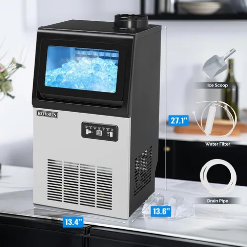 Miniatura 7 de ROVSUN Máquina de hielo de 90 libras/24 horas con 2 entradas de agua, máquina de hielo independiente y de encimera con contenedor de almacenamiento