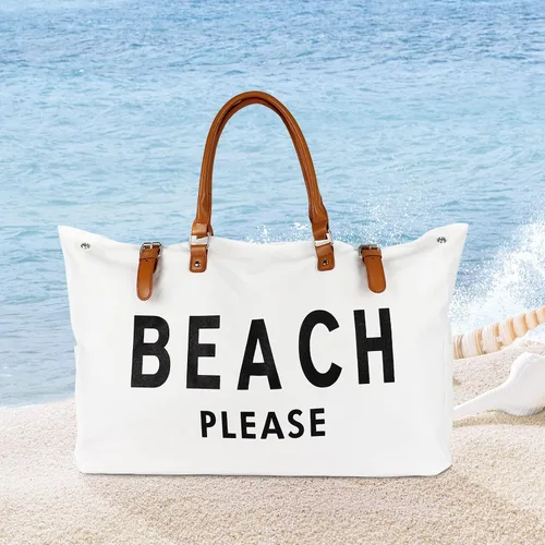 Miniatura 6 de Beach Bag with Vegan Leather Handle, Extra Large Beach Bag for Women Waterproof Sandproof, White