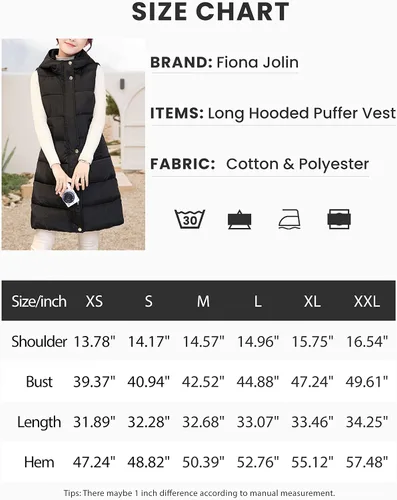 Miniatura 7 de Fiona Jolin Chaleco largo acolchado para mujer, negro, de invierno, de algodón, acolchado, sin mangas, chaquetas hinchadas