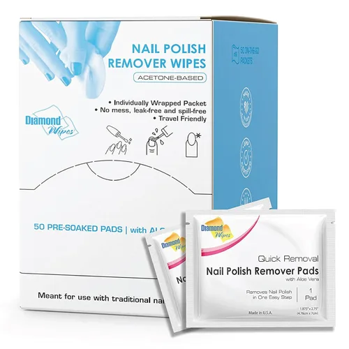 Diamond Wipes Toallitas removedoras de esmalte de uñas con aloe vera, almohadillas quitaesmalte de uñas de acetona, 50 toallitas envueltas