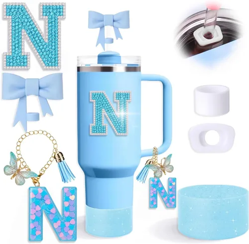Miniatura 19 de Juego de 6 accesorios de copa Stanley color azul, adorno de pajilla con lazo para copa Stanley de 30 onzas, 40 onzas, incluye adorno de popote