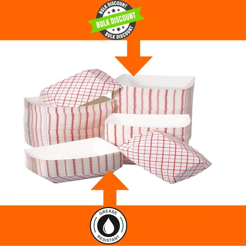 Miniatura 5 de Botes medianos de papel para alimentos, bandejas de papel a cuadros rojos y blancos. Mediano (1 libra). Paquete de 100, botes desechables