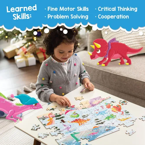 Miniatura 5 de Peaceable Kingdom Rompecabezas de dinosaurios navideños, rompecabezas de dinosaurios de 100 piezas para niños a partir de 5 años, ideal para aulas