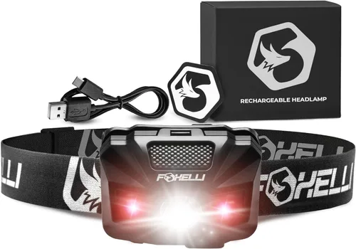 Miniatura 9 de Foxelli Linterna frontal LED recargable USB‑C – Ultraligero 2.4 oz y brillante 180 lúmenes – Luz roja/blanca, 5 modos, IPX5 impermeable, 40 horas
