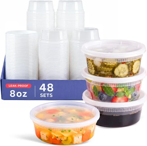 GUSTO [48 juegos - 8 onzas] Contenedores de plástico para almacenamiento de alimentos desechables con tapas herméticas - Contenedores de Slime