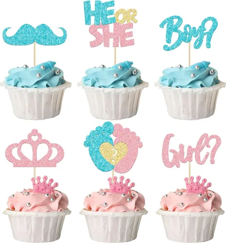 Miniatura 12 de 24 piezas de decoración para cupcakes para niños o niñas, pies con purpurina, vestido de revelación de género, selecciones de cupcakes, decoraciones