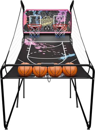 Miniatura 10 de Nova Microdermabrasion Juego de arcade de baloncesto plegable para interior, tiro doble, 2 jugadores con 4 bolas, marcador electrónico y bomba