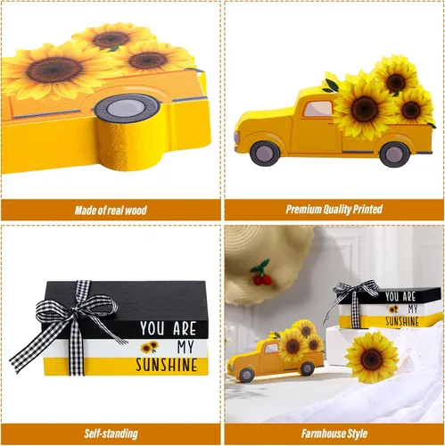 Miniatura 2 de Yookeer 5 piezas de girasoles para decoración de bandejas escalonadas, decoración de girasol, letrero de madera de verano, centro de mesa de sol