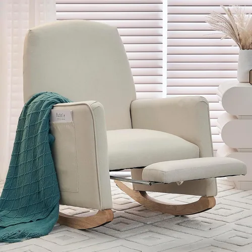 Mecedora moderna para guardería, cómoda silla de guardería con reposapiés, mecedora tapizada con bolsillo, sillón de lectura con base de madera