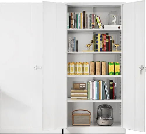 Miniatura 9 de Greenvelly Armario de almacenamiento de metal para garaje con puertas y estantes ajustables, gabinete de archivo de acero negro con cerradura de 72