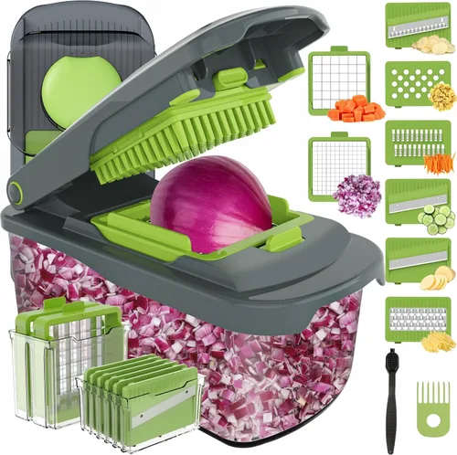 Miniatura 10 de Ourokhome Cortador de verduras con recipiente, cortador manual de cebolla con 2 cuchillas de cortar para tiras de papa, cubos de verduras, palitos