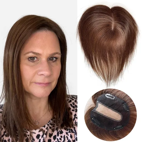 Miniatura 19 de Cubrecabello humano real de seda de 5 x 5.5 pulgadas, tamaño de la gorra, cobertura de corona de cabello lacio Remy, pieza de cabello atado a mano 2#