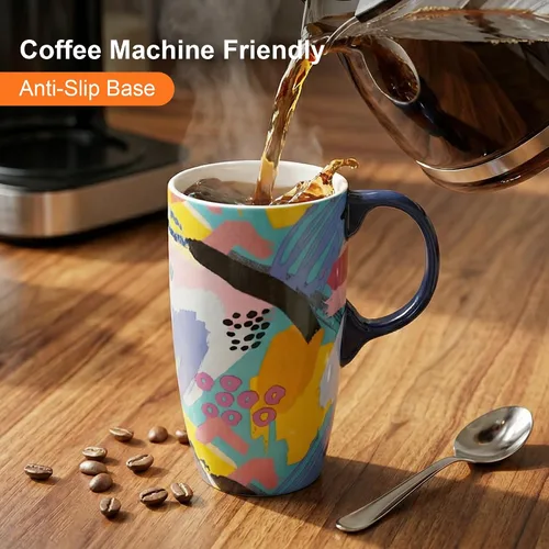 Miniatura 5 de Topadorn Taza de café de cerámica de 17 onzas con tapa, taza abstracta de los años 80, taza de té de porcelana de graffiti colorido, apta