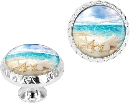 Miniatura 5 de Paquete de 4 tiradores negros para cajones, diseño de estrella de mar de mar y conchas azules con diseño de horizonte, manijas de cristal