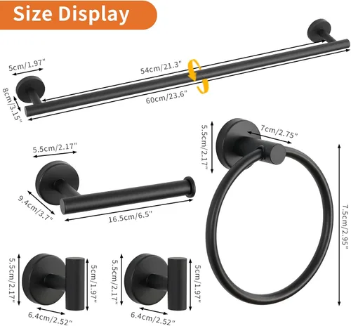 Miniatura 3 de Juego de 5 piezas de herrajes de baño negro mate, juego de toalleros para baño de acero inoxidable SUS304, portarrollos de papel higiénico montado