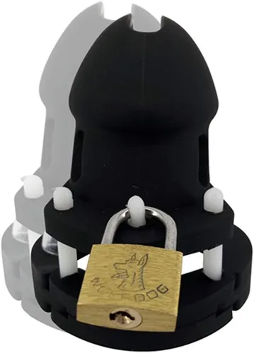 Miniatura 5 de Dispositivo de castidad masculino de silicona suave con 5 anillos, dispositivo de jaula de castidad masculina de color negro con cerradura y llave