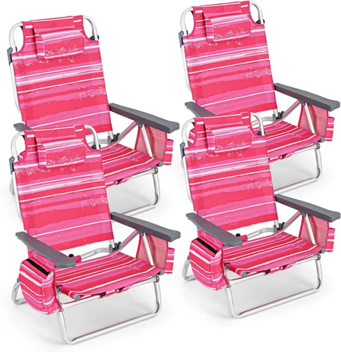 Miniatura 34 de Goplus Silla de playa, mochila plegable para adultos, sillas de playa con posiciones ajustables, almohada para la cabeza, bolsa refrigeradora