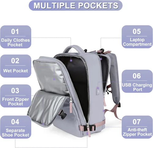 Miniatura 3 de coofay Mochila de viaje grande para mujer, aprobada para aviones, bolsa de mano, impermeable, para deportes, equipaje, informal, pequeña mochila