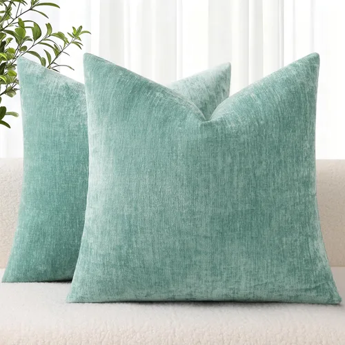 decorUhome Juego de 2 fundas de cojín de felpilla de color niebla aqua para Navidad, de 16 x 16 pulgadas, fundas decorativas unicolor, suaves,